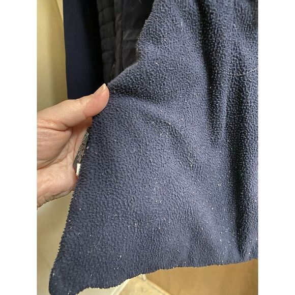 New Balance Quilted Fleece Running Jacket Navy Hooded Zip Side Pockets Sz Small - Picture 14 of 16